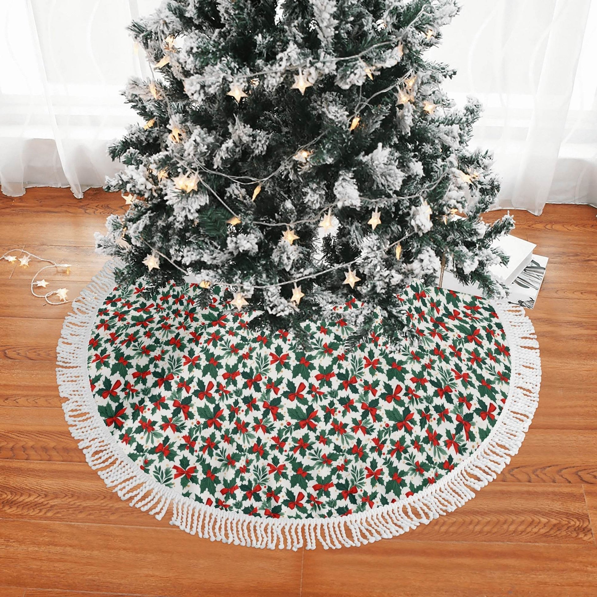 Holly Bow Fringed Christmas Tree Skirts - DeRose Seasonal