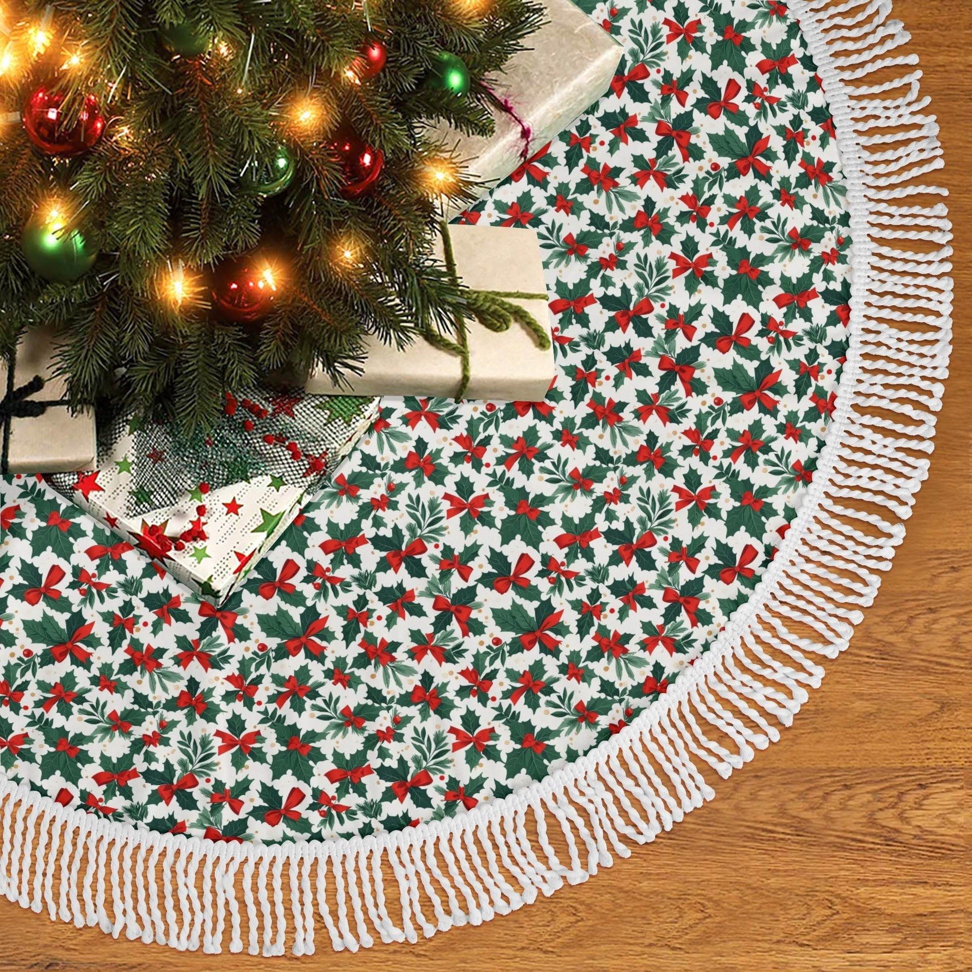 Holly Bow Fringed Christmas Tree Skirts - DeRose Seasonal