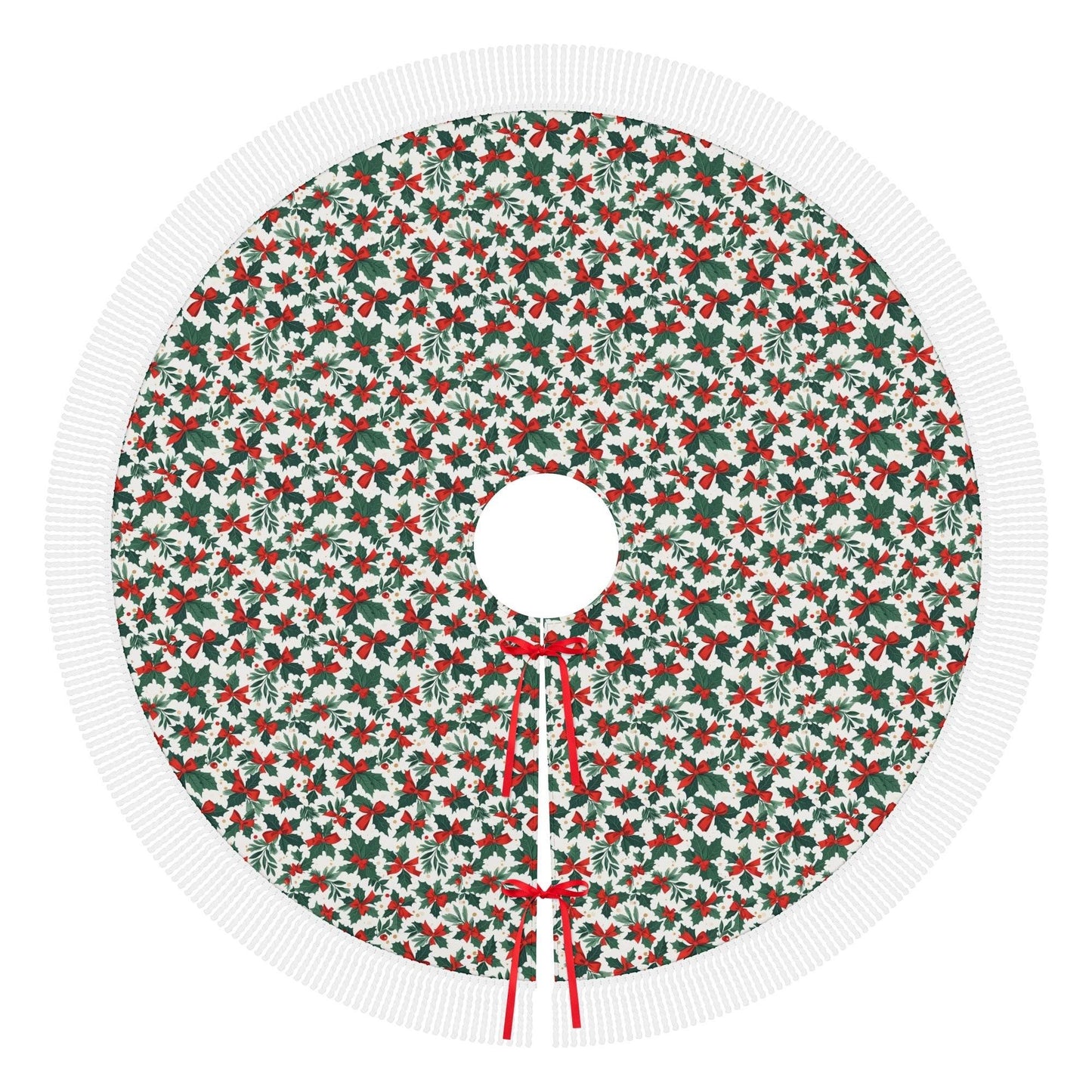 Holly Bow Fringed Christmas Tree Skirts - DeRose Seasonal