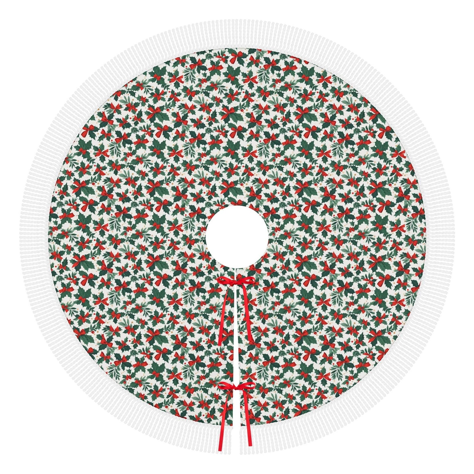 Holly Bow Fringed Christmas Tree Skirts - DeRose Seasonal