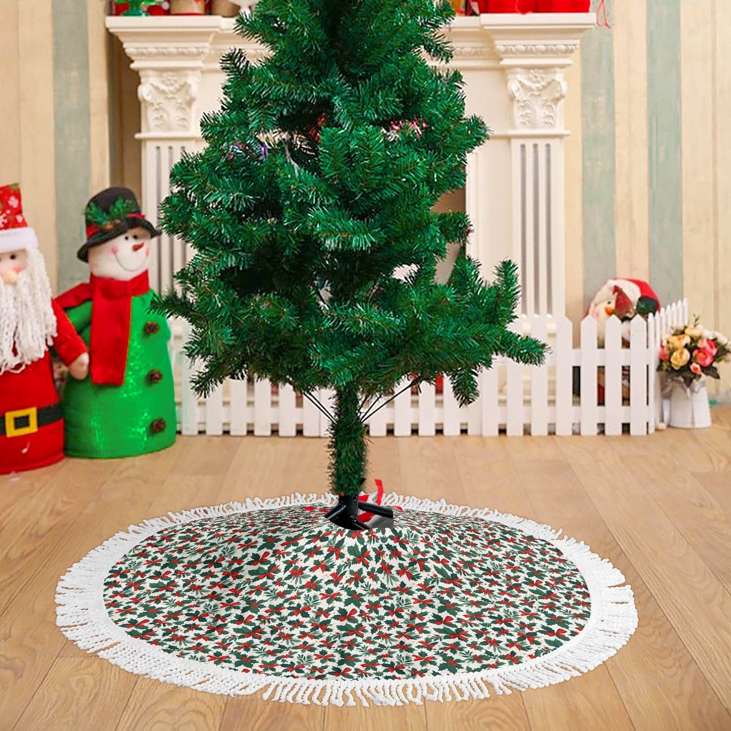 Holly Bow Fringed Christmas Tree Skirts - DeRose Seasonal