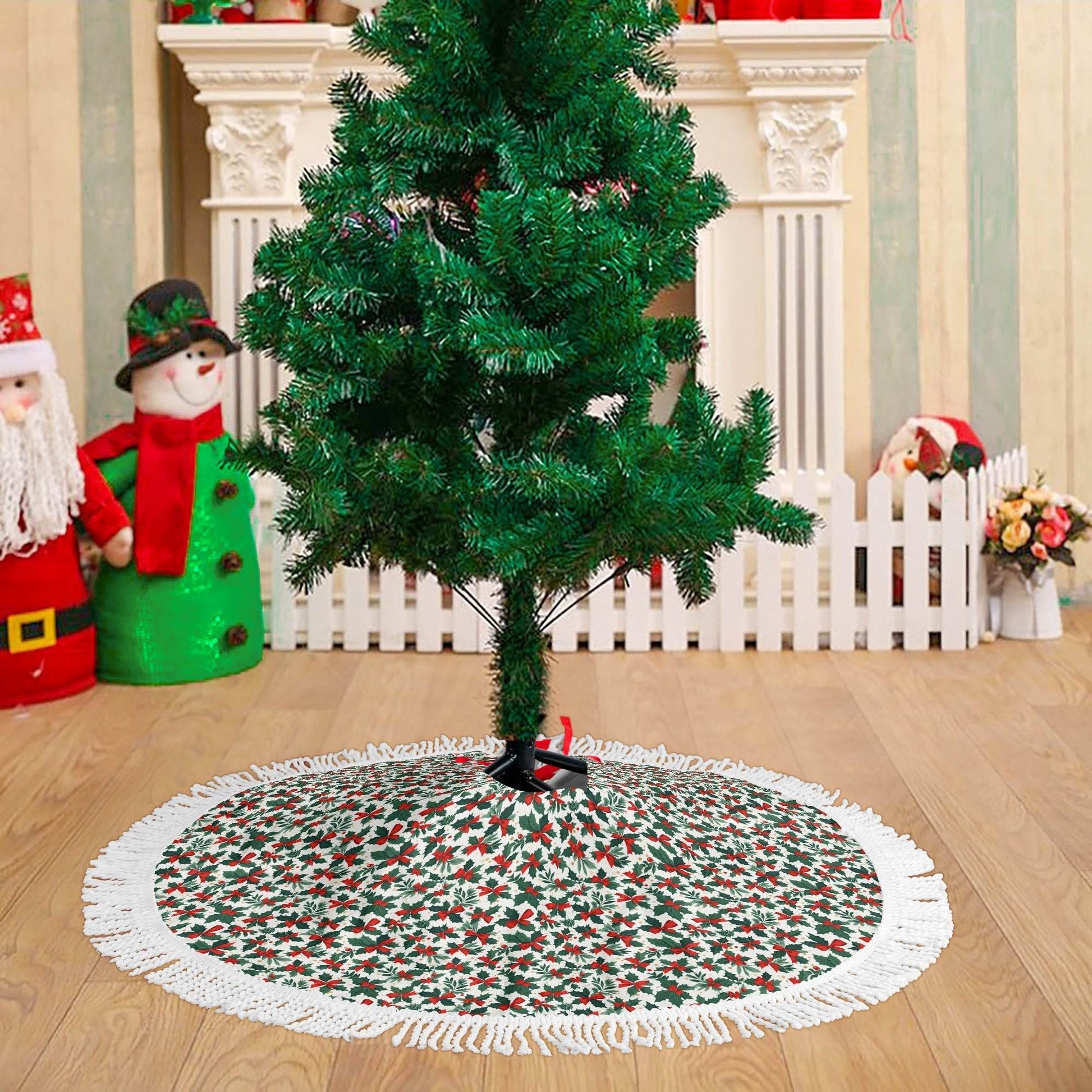 Holly Bow Fringed Christmas Tree Skirts - DeRose Seasonal