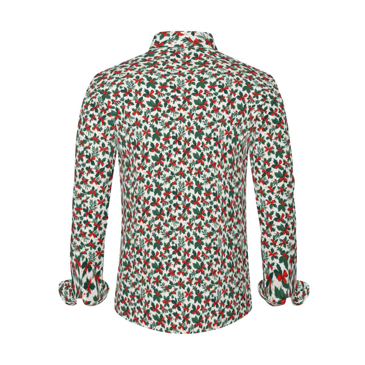 Holly Bow Men's Classic Long-Sleeved Button up Polyester Dress Shirt - DeRose Seasonal