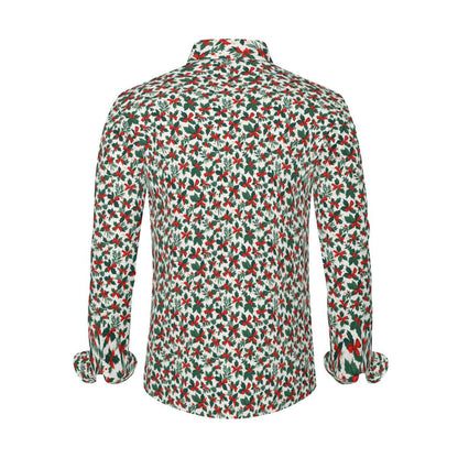Holly Bow Men's Classic Long-Sleeved Button up Polyester Dress Shirt - DeRose Seasonal