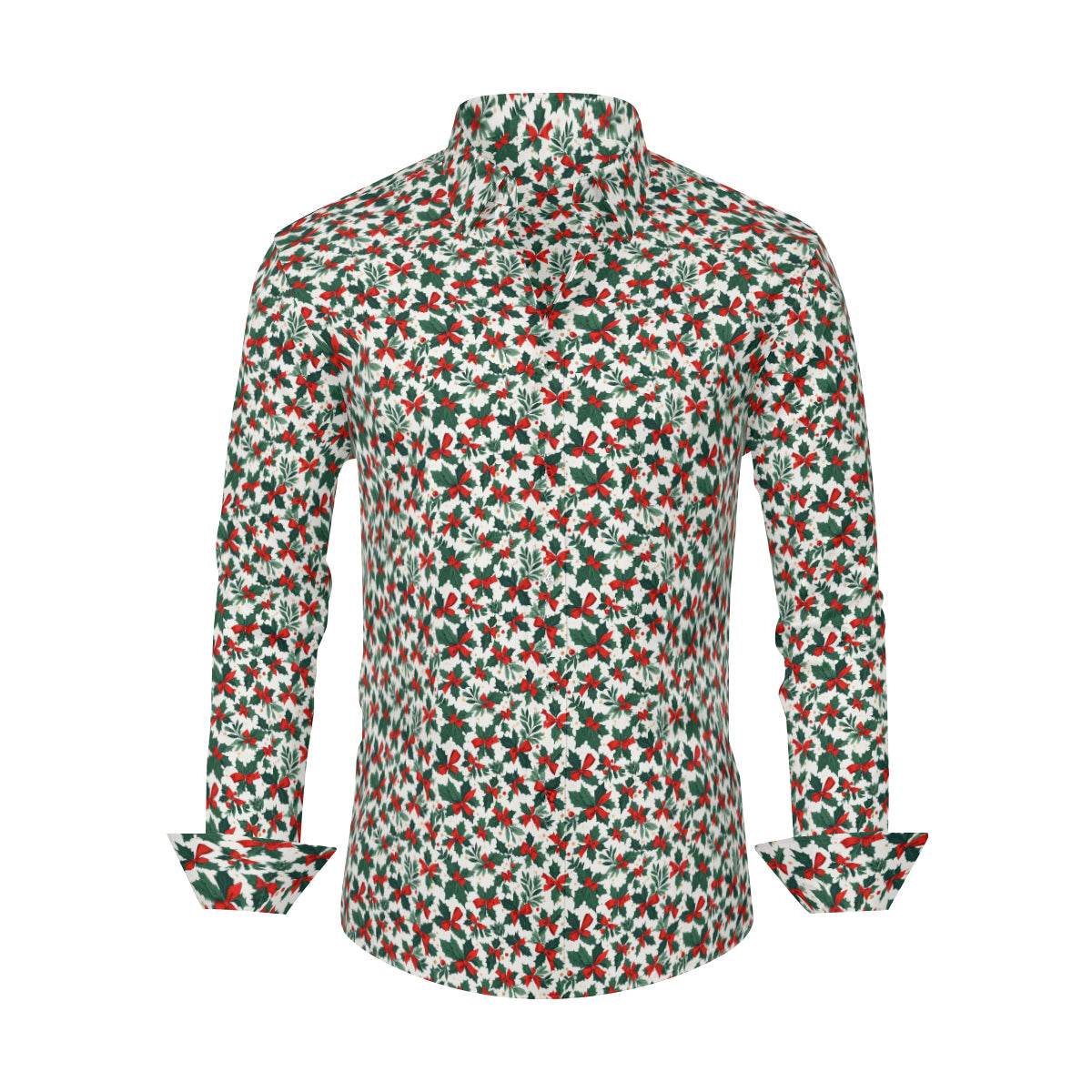 Holly Bow Men's Classic Long-Sleeved Button up Polyester Dress Shirt - DeRose Seasonal