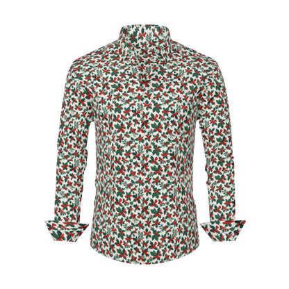 Holly Bow Men's Classic Long-Sleeved Button up Polyester Dress Shirt - DeRose Seasonal