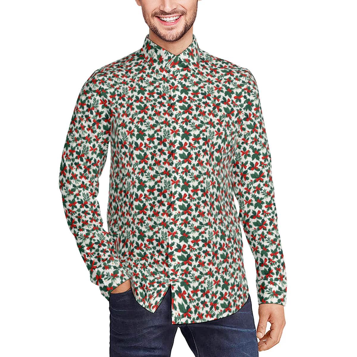 Holly Bow Men's Classic Long-Sleeved Button up Polyester Dress Shirt - DeRose Seasonal