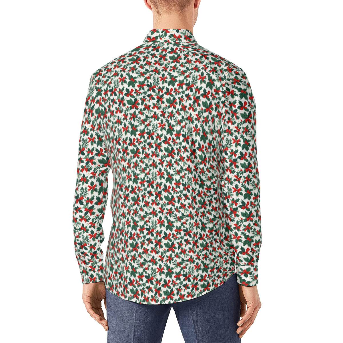 Holly Bow Men's Classic Long-Sleeved Button up Polyester Dress Shirt - DeRose Seasonal
