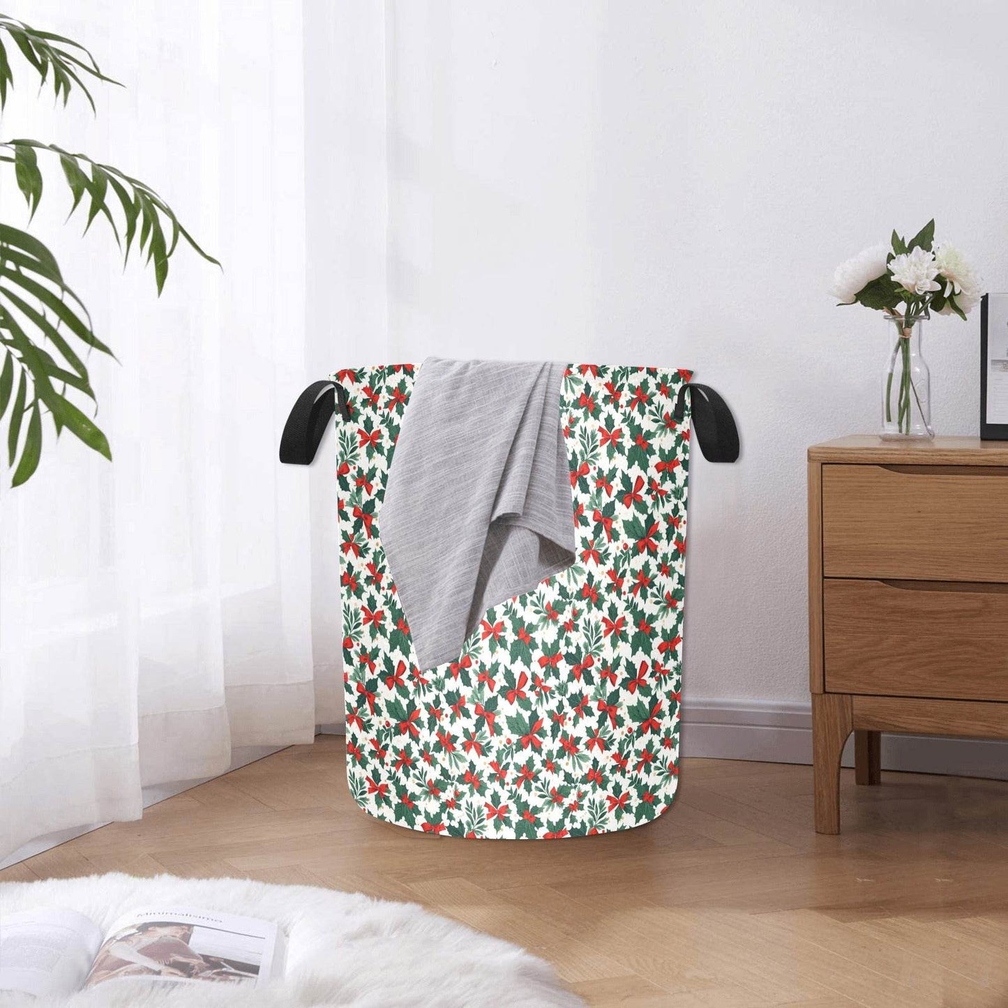 Holly Bow Polyester Laundry and Blanket Basket - DeRose Seasonal