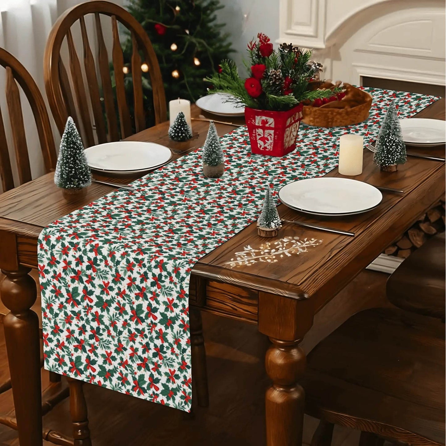 Holly Bow Polyester Table Runner - DeRose Seasonal