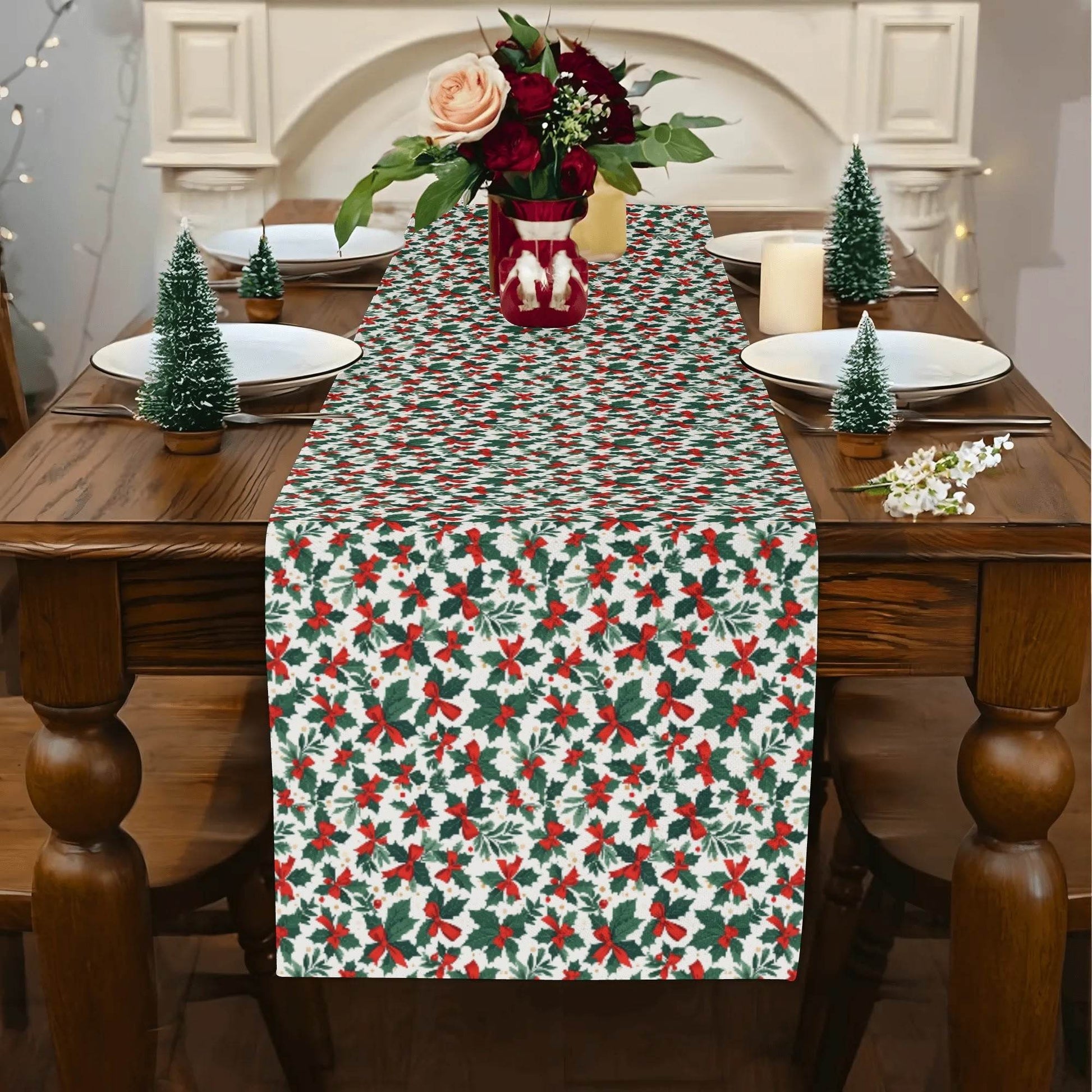 Holly Bow Polyester Table Runner - DeRose Seasonal