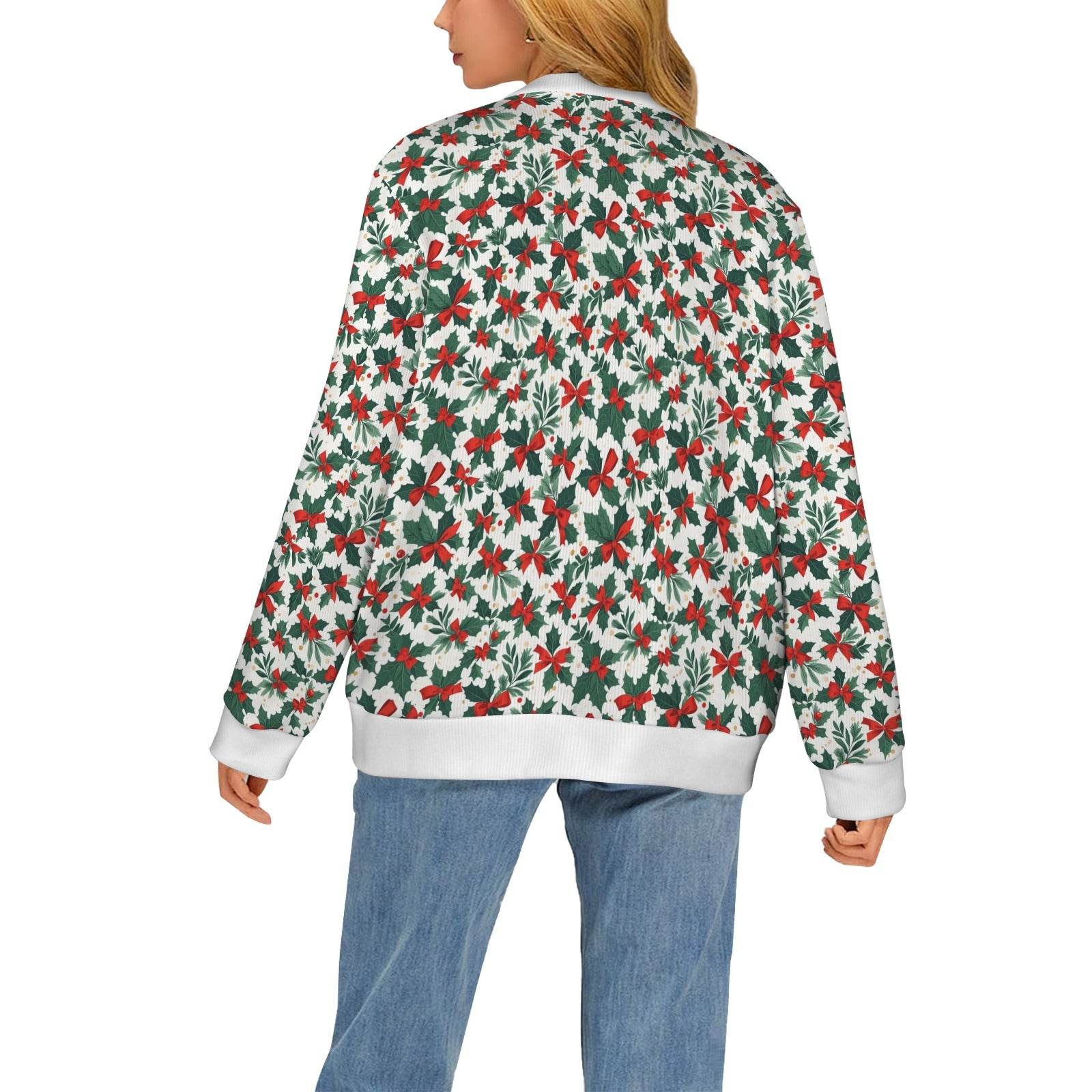 Holly Bow Women's Cardigan Button Sweater Custom Women's Cardigan (Model H73) - DeRose Seasonal