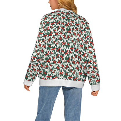 Holly Bow Women's Cardigan Button Sweater Custom Women's Cardigan (Model H73) - DeRose Seasonal