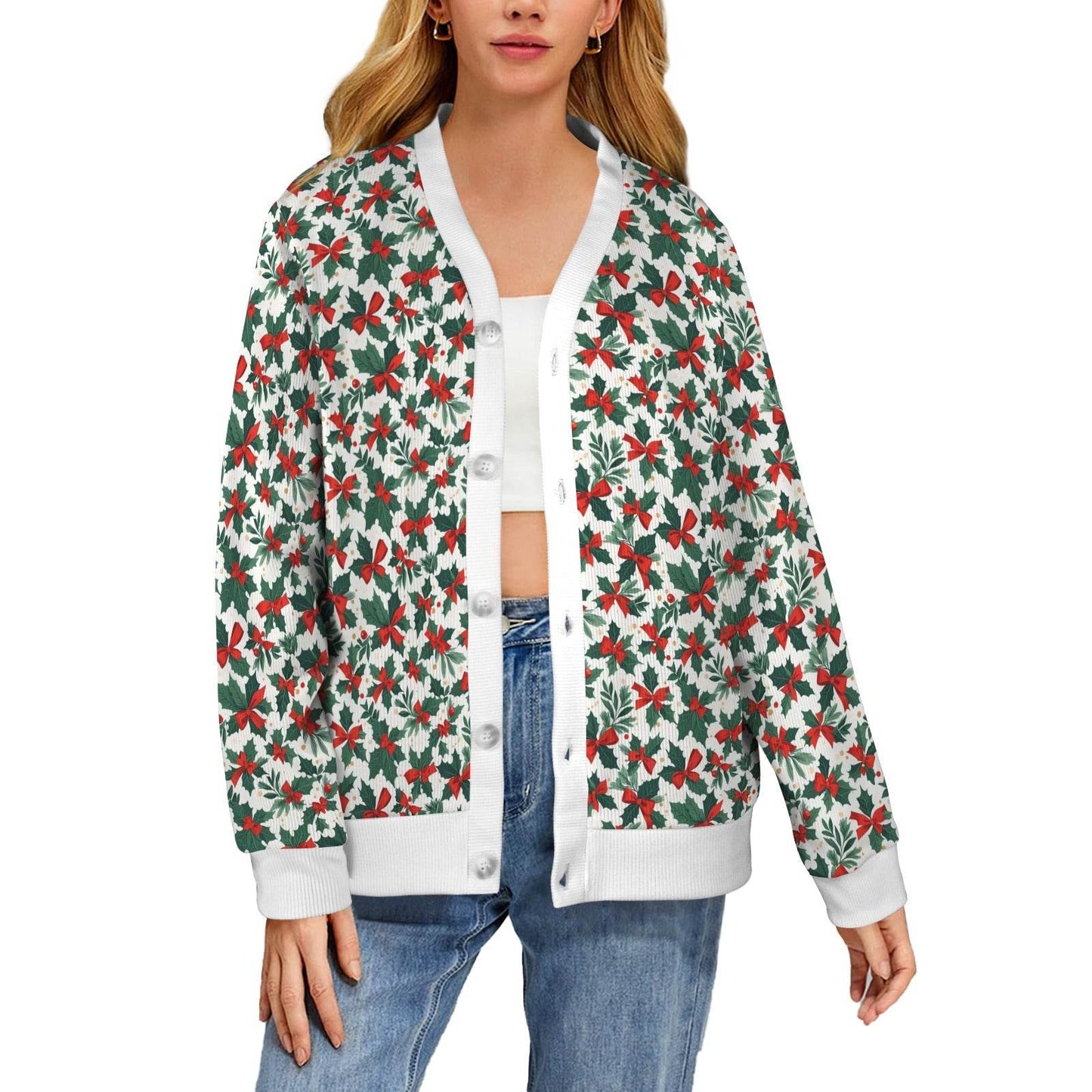 Holly Bow Women's Cardigan Button Sweater Custom Women's Cardigan (Model H73) - DeRose Seasonal