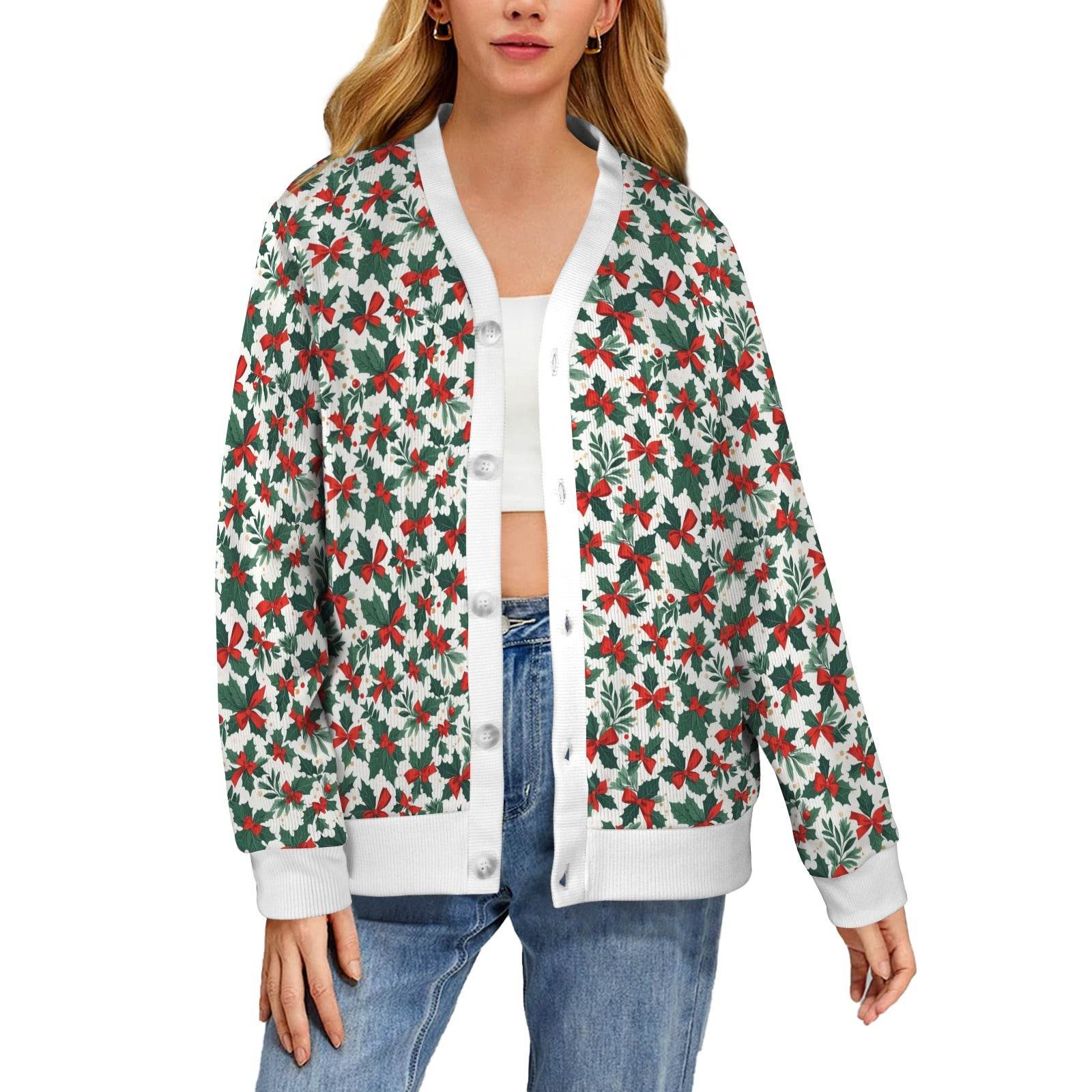 Holly Bow Women's Cardigan Button Sweater Custom Women's Cardigan (Model H73) - DeRose Seasonal