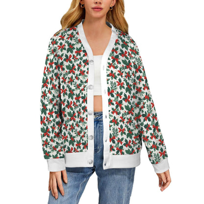 Holly Bow Women's Cardigan Button Sweater Custom Women's Cardigan (Model H73) - DeRose Seasonal