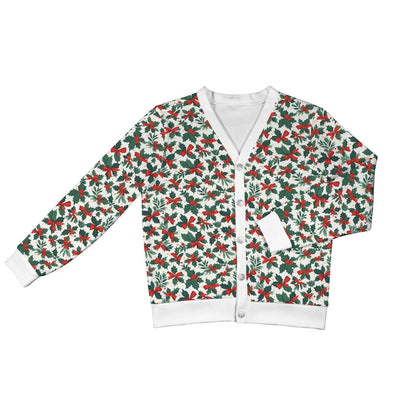 Holly Bow Women's Cardigan Button Sweater Custom Women's Cardigan (Model H73) - DeRose Seasonal