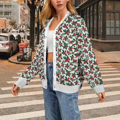 Holly Bow Women's Cardigan Button Sweater Custom Women's Cardigan (Model H73) - DeRose Seasonal