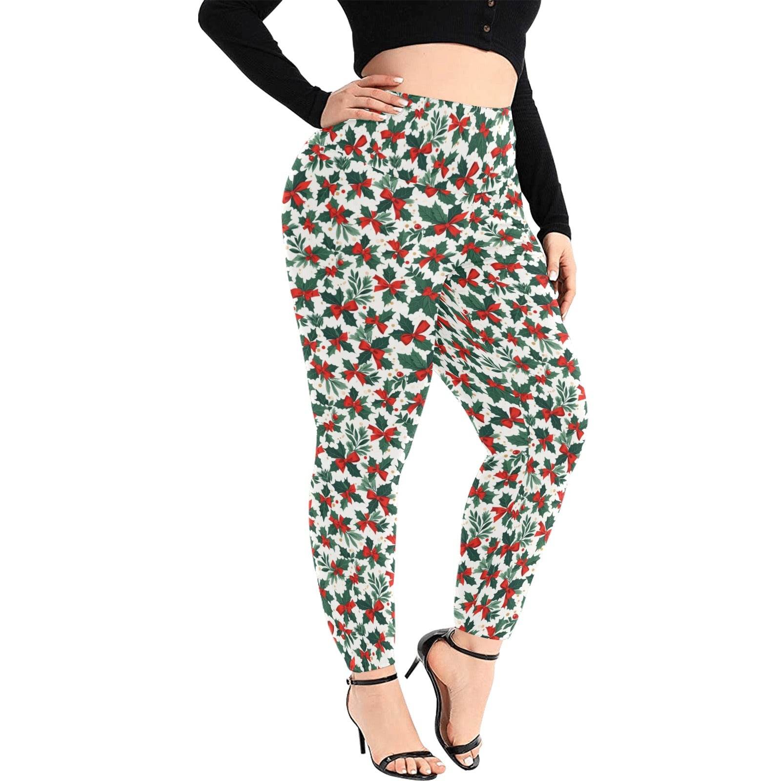 Holly Bow Women's Plus Size High Waited Leggings Women's High Waist Leggings(Plus Size)(ModelL45) - DeRose Seasonal