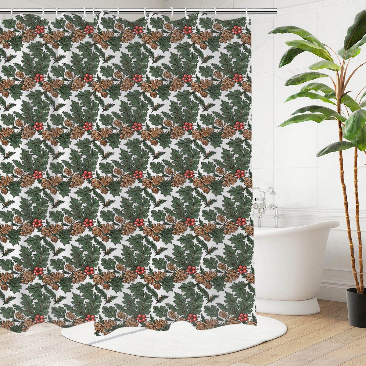Holly Pine Bathroom Four-Piece Set(Shower Curtain + Toilet Cover Mat + Toilet Foot Mat + Floor Mat)| Polyester - DeRose Seasonal