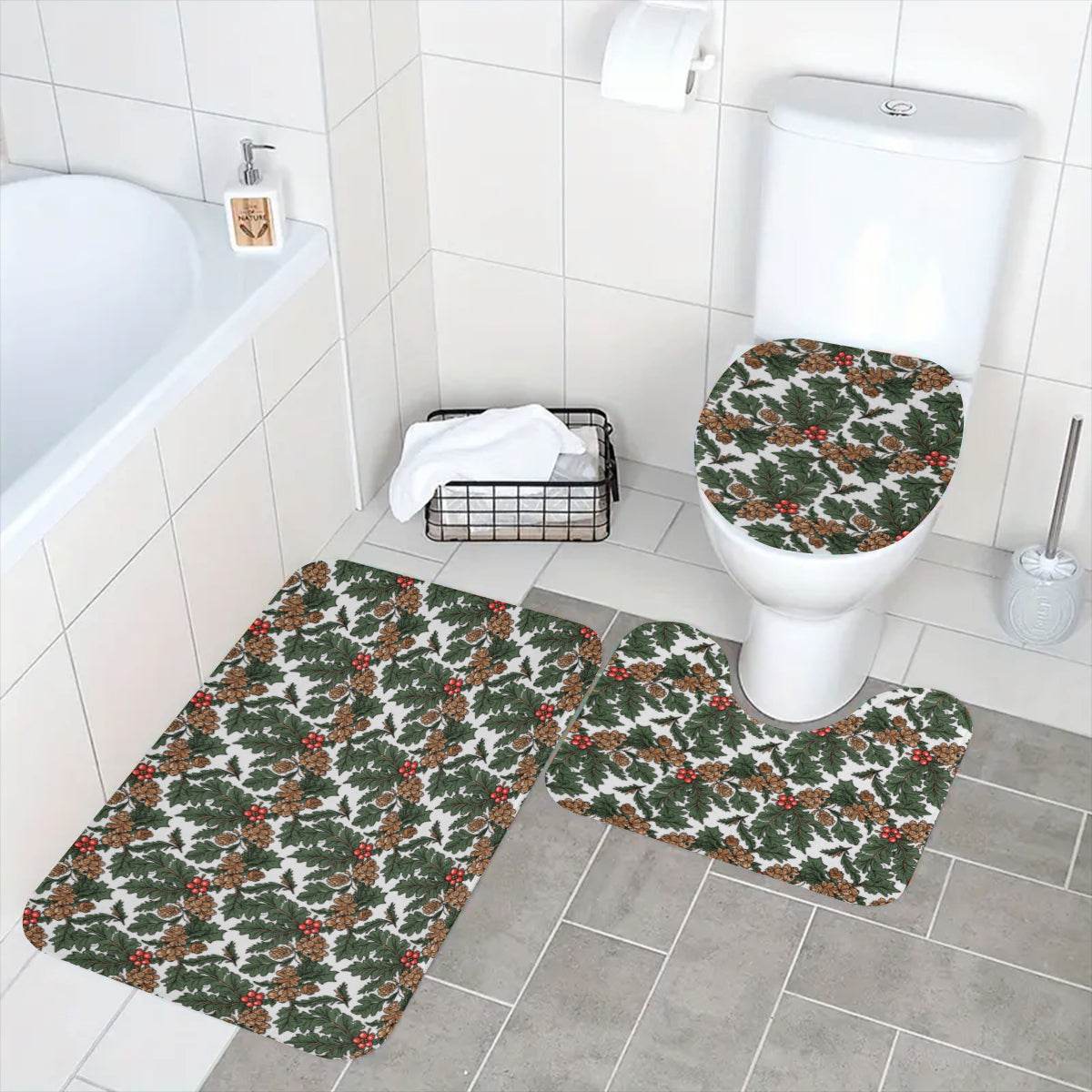Holly Pine Bathroom Four-Piece Set(Shower Curtain + Toilet Cover Mat + Toilet Foot Mat + Floor Mat)| Polyester - DeRose Seasonal