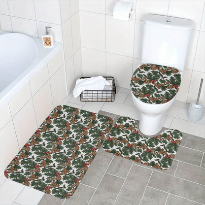 Holly Pine Bathroom Four-Piece Set(Shower Curtain + Toilet Cover Mat + Toilet Foot Mat + Floor Mat)| Polyester - DeRose Seasonal