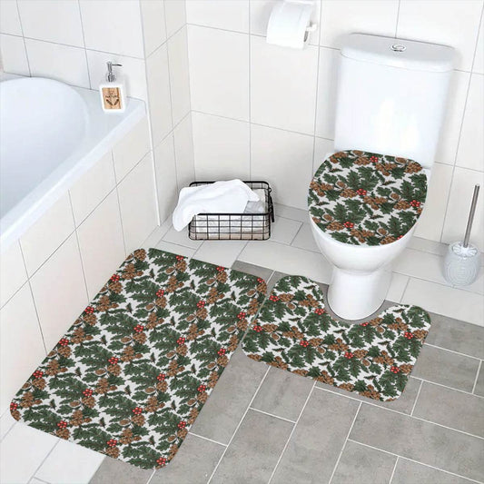 Holly Pine Bathroom Four-Piece Set(Shower Curtain + Toilet Cover Mat + Toilet Foot Mat + Floor Mat)| Polyester - DeRose Seasonal