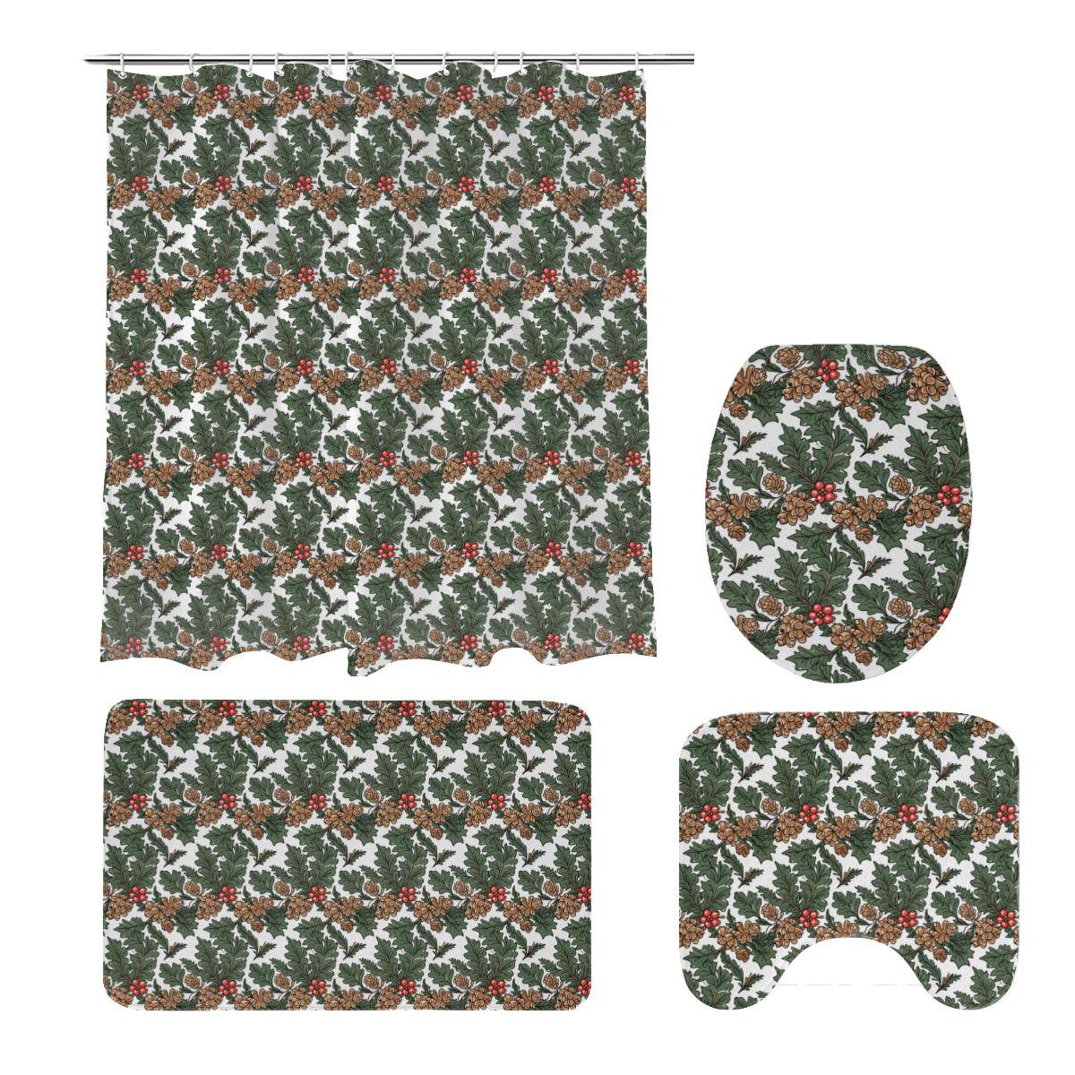 Holly Pine Bathroom Four-Piece Set(Shower Curtain + Toilet Cover Mat + Toilet Foot Mat + Floor Mat)| Polyester - DeRose Seasonal