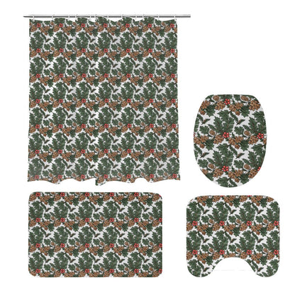 Holly Pine Bathroom Four-Piece Set(Shower Curtain + Toilet Cover Mat + Toilet Foot Mat + Floor Mat)| Polyester - DeRose Seasonal