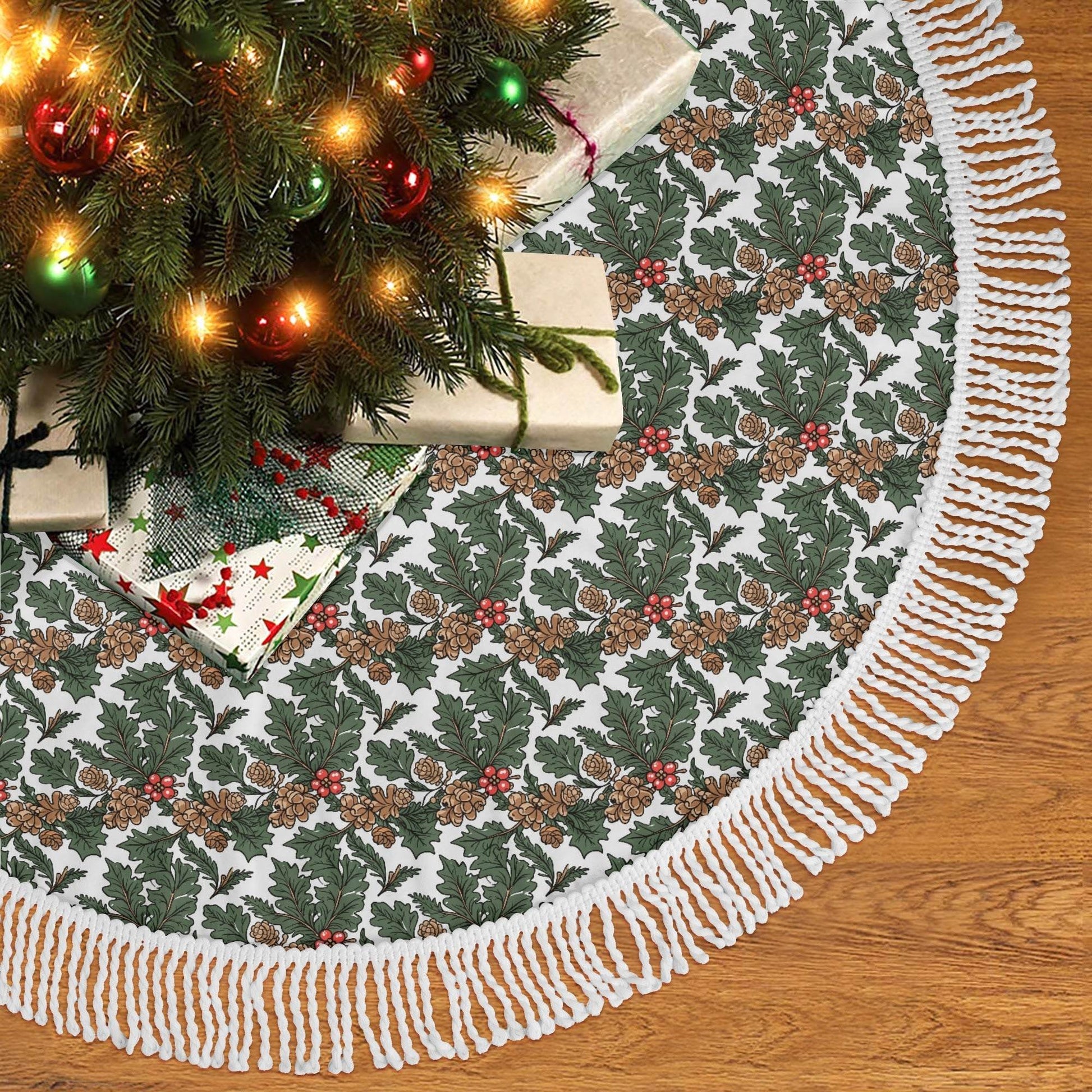 Holly Pine Fringed Christmas Tree Skirts - DeRose Seasonal