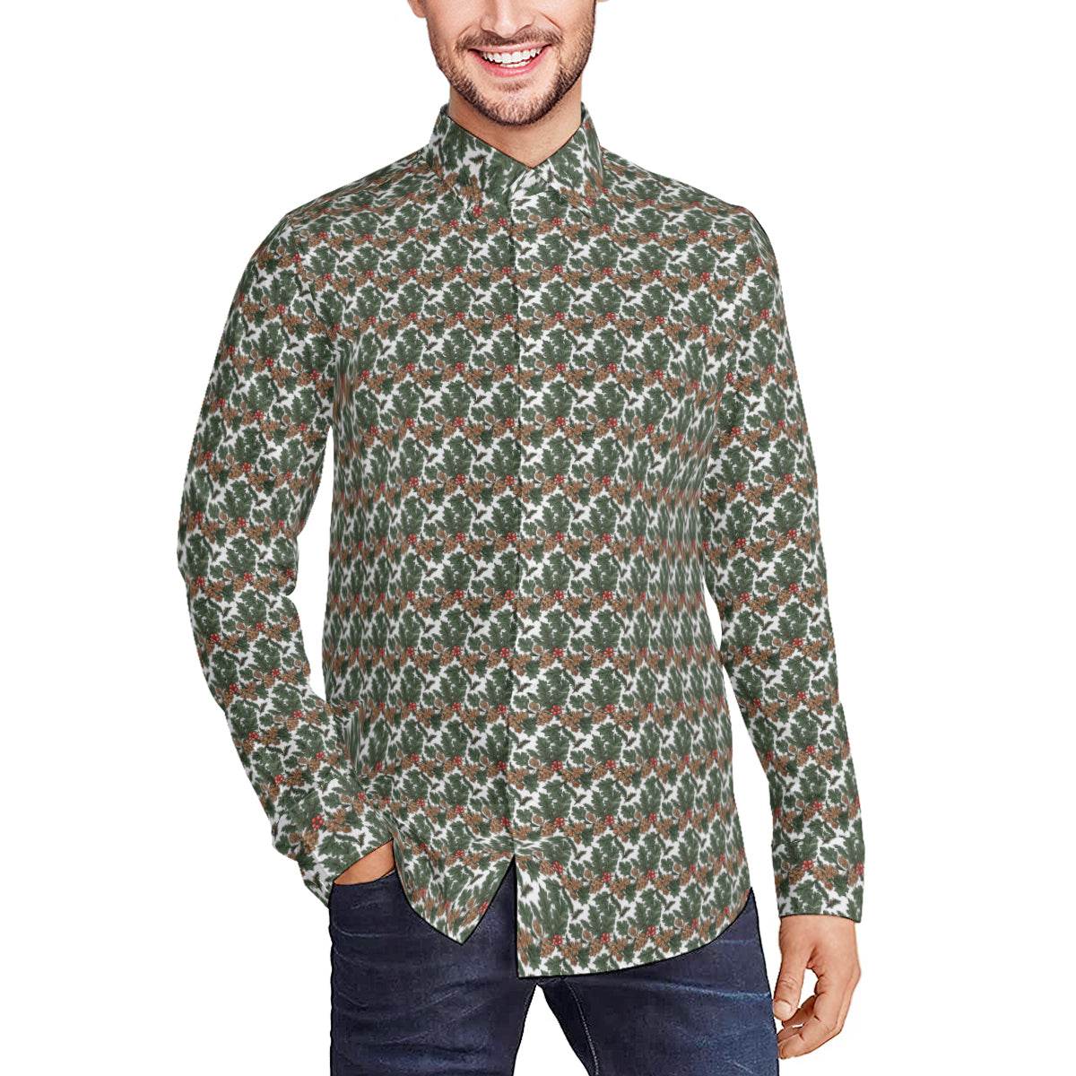 Holly Pine Men's Classic Long-Sleeved Button up Polyester Dress Shirt - DeRose Seasonal