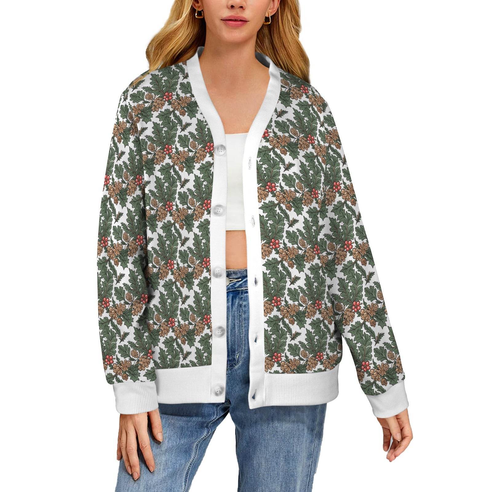 Holly Pine Women's Cardigan Button Sweater Custom Women's Cardigan (Model H73) - DeRose Seasonal