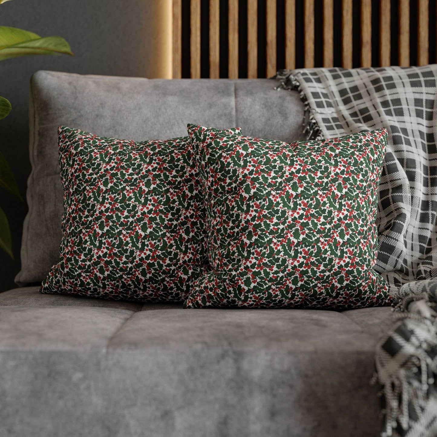 Christmas Holly Spun Polyester Square Pillowcase - DeRose Seasonal