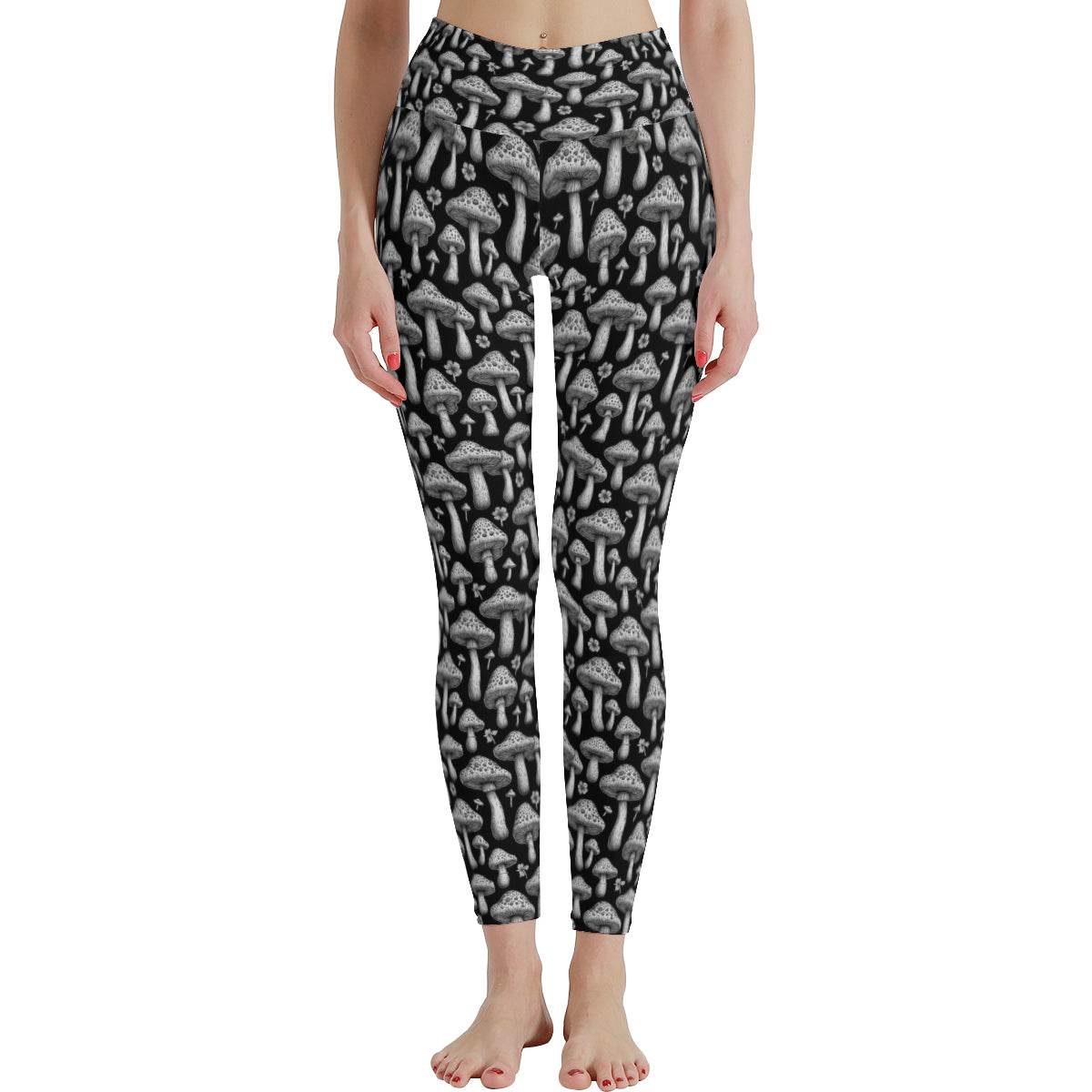Black and White Mushrooms Women's Polyester Yoga pants Leggings - DeRose Seasonal