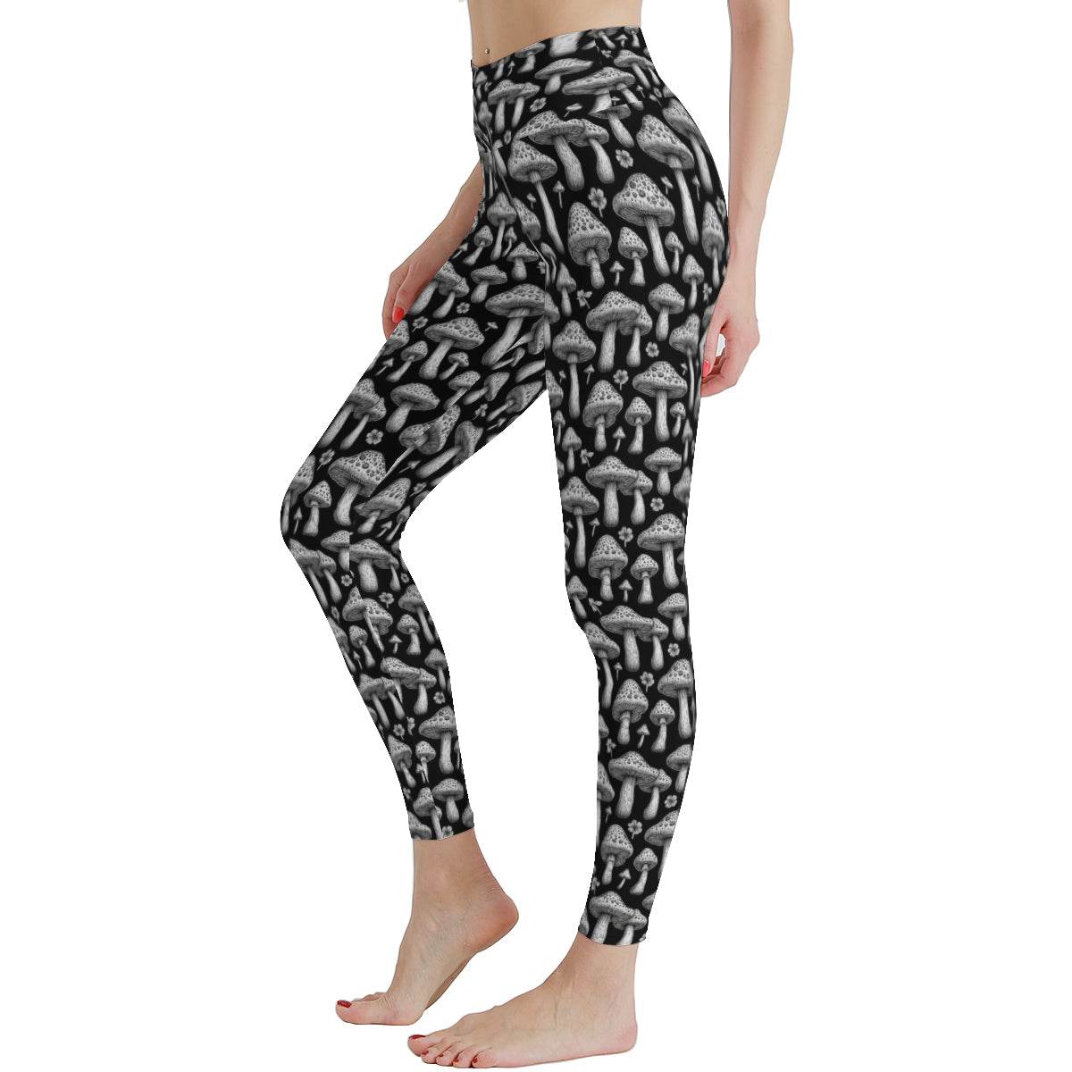 Black and White Mushrooms Women's Polyester Yoga pants Leggings - DeRose Seasonal