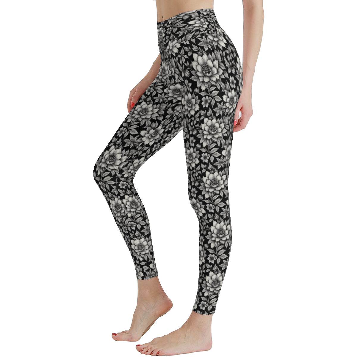 Black and White Bloom Women's Polyester Yoga pants Leggings - DeRose Seasonal