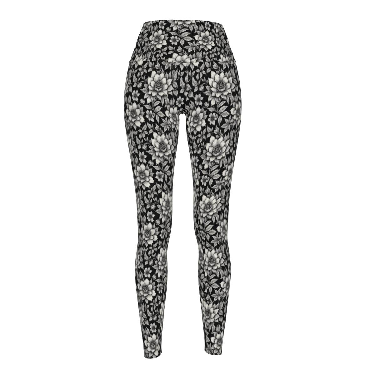 Black and White Bloom Women's Polyester Yoga pants Leggings - DeRose Seasonal