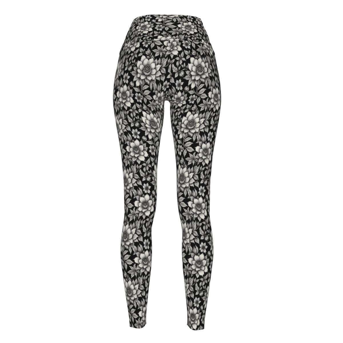 Black and White Bloom Women's Polyester Yoga pants Leggings - DeRose Seasonal