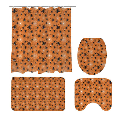 Cute Spiders Orange Bathroom Four-Piece Set(Shower Curtain + Toilet Cover Mat + Toilet Foot Mat + Floor Mat)| Polyester - DeRose Seasonal