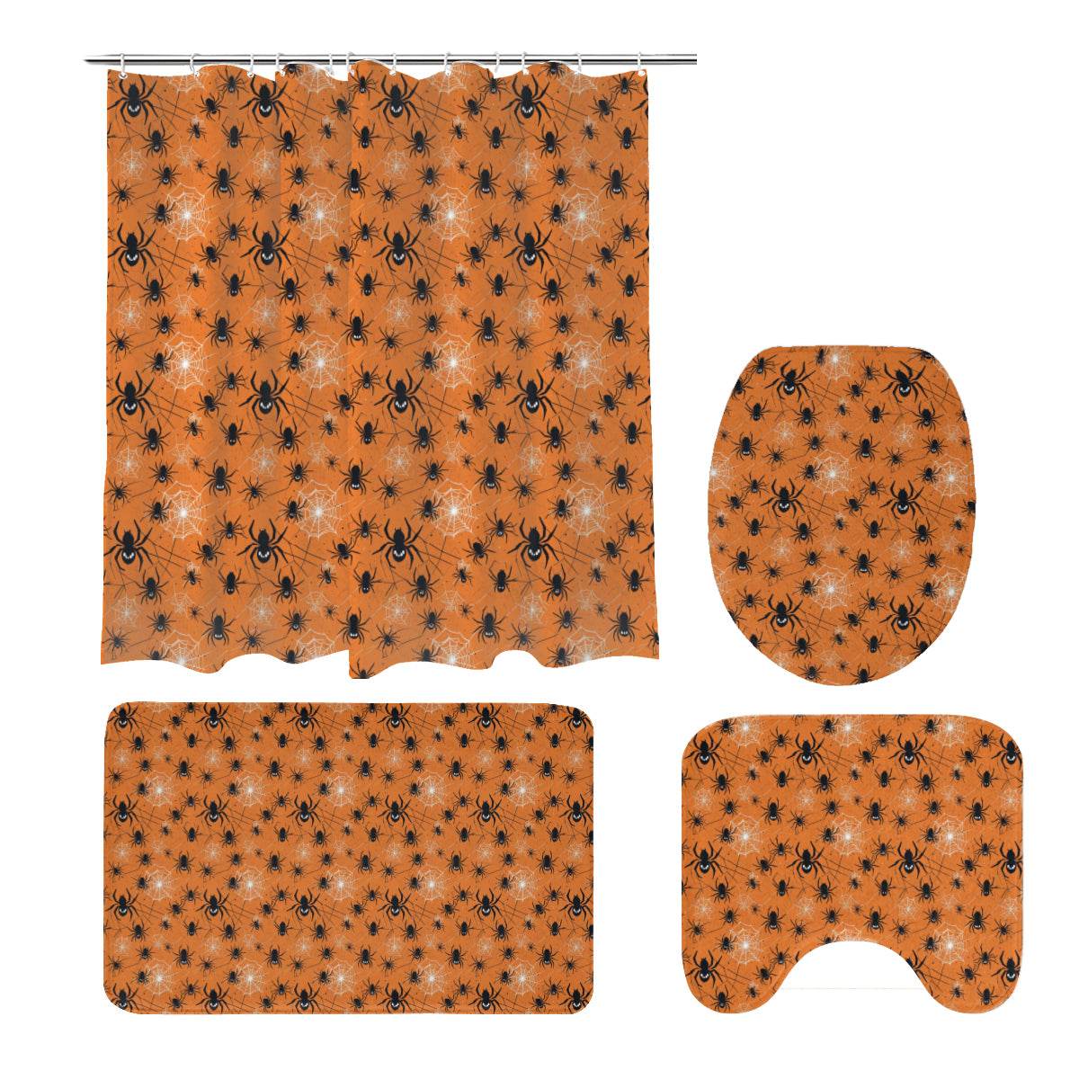 Cute Spiders Orange Bathroom Four-Piece Set(Shower Curtain + Toilet Cover Mat + Toilet Foot Mat + Floor Mat)| Polyester - DeRose Seasonal