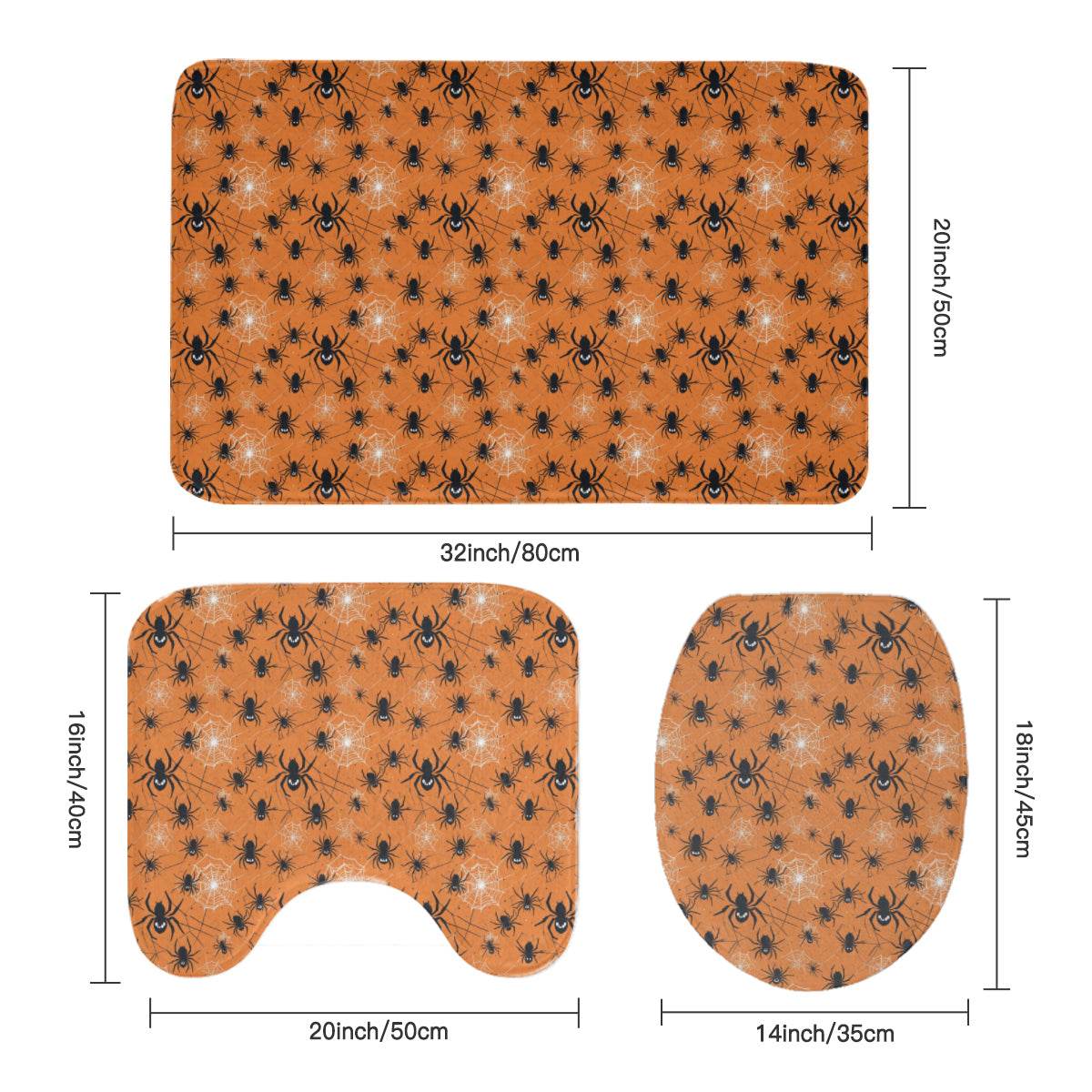 Cute Spiders Orange Bathroom Four-Piece Set(Shower Curtain + Toilet Cover Mat + Toilet Foot Mat + Floor Mat)| Polyester - DeRose Seasonal