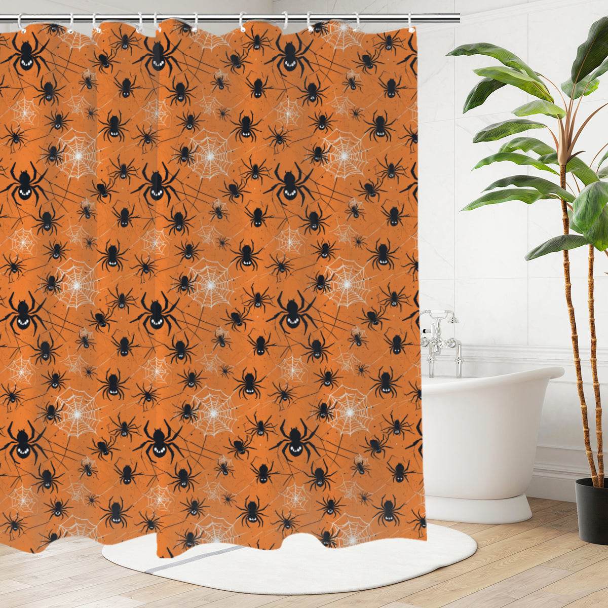 Cute Spiders Orange Bathroom Four-Piece Set(Shower Curtain + Toilet Cover Mat + Toilet Foot Mat + Floor Mat)| Polyester - DeRose Seasonal