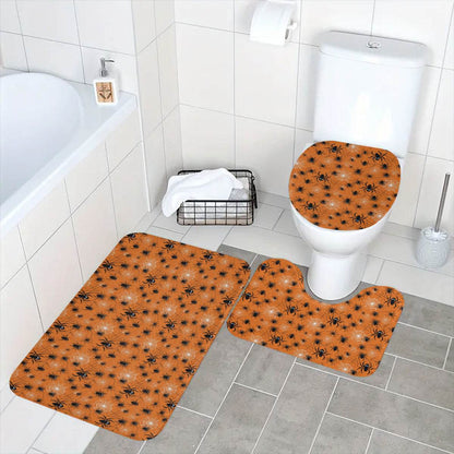 Cute Spiders Orange Bathroom Four-Piece Set(Shower Curtain + Toilet Cover Mat + Toilet Foot Mat + Floor Mat)| Polyester - DeRose Seasonal