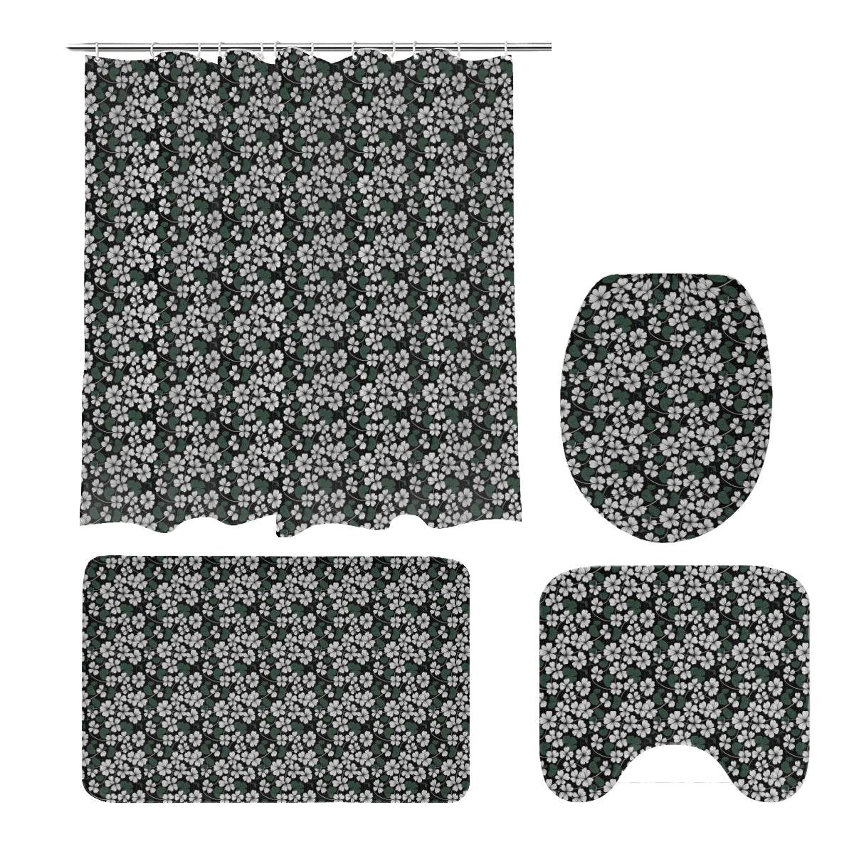 White Clovers Bathroom Four-Piece Set(Shower Curtain + Toilet Cover Mat + Toilet Foot Mat + Floor Mat)| Polyester - DeRose Seasonal
