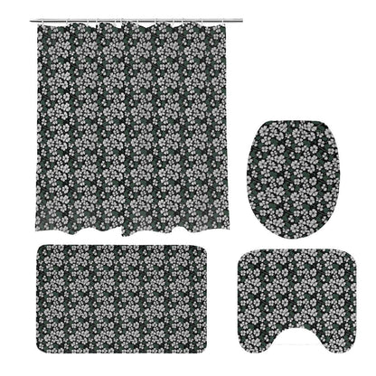 White Clovers Bathroom Four-Piece Set(Shower Curtain + Toilet Cover Mat + Toilet Foot Mat + Floor Mat)| Polyester - DeRose Seasonal