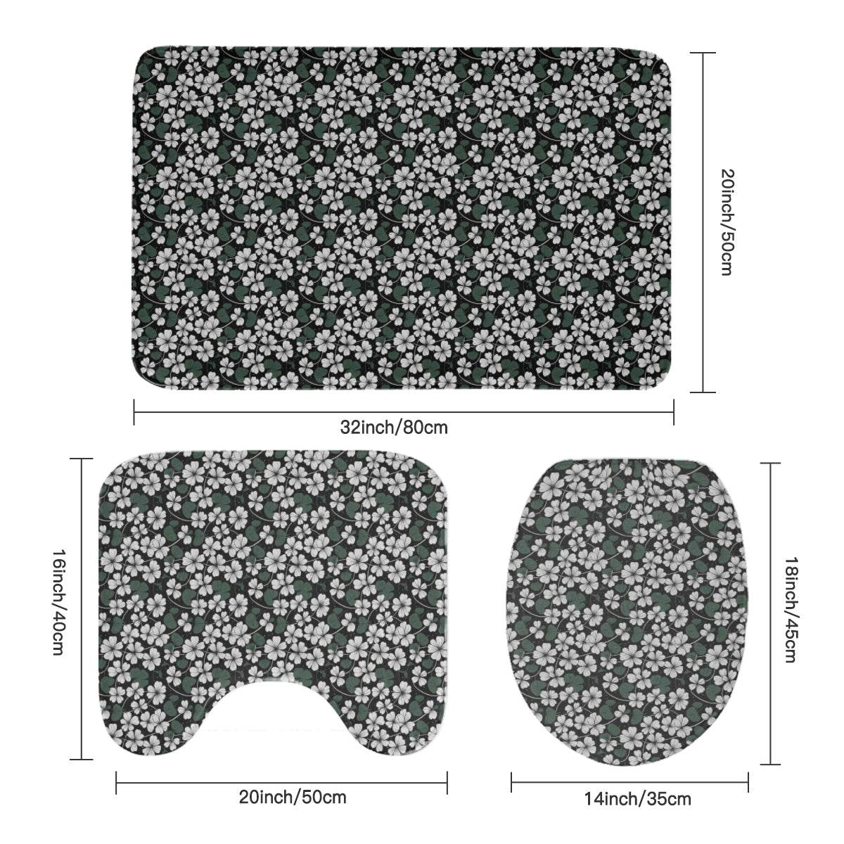 White Clovers Bathroom Four-Piece Set(Shower Curtain + Toilet Cover Mat + Toilet Foot Mat + Floor Mat)| Polyester - DeRose Seasonal