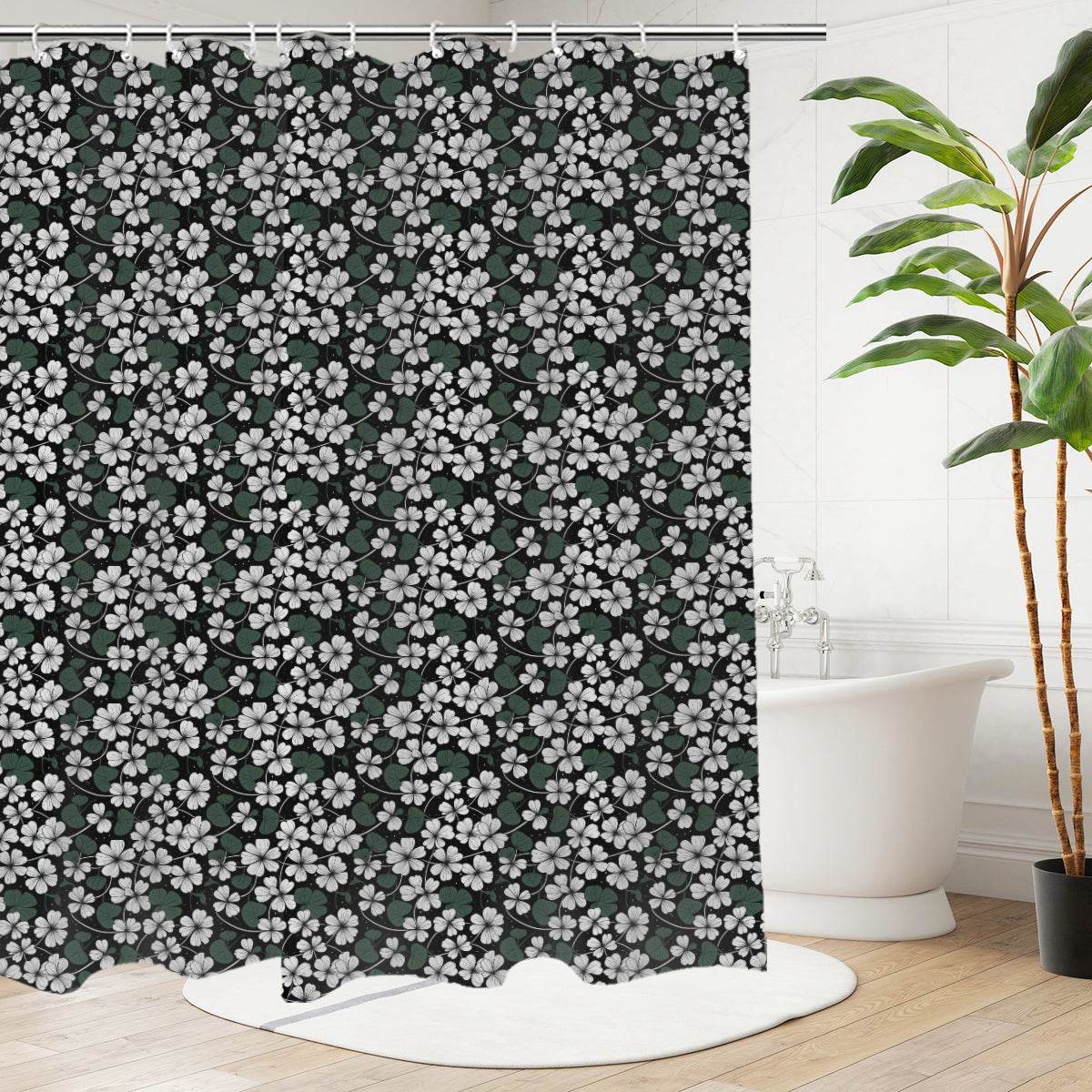 White Clovers Bathroom Four-Piece Set(Shower Curtain + Toilet Cover Mat + Toilet Foot Mat + Floor Mat)| Polyester - DeRose Seasonal