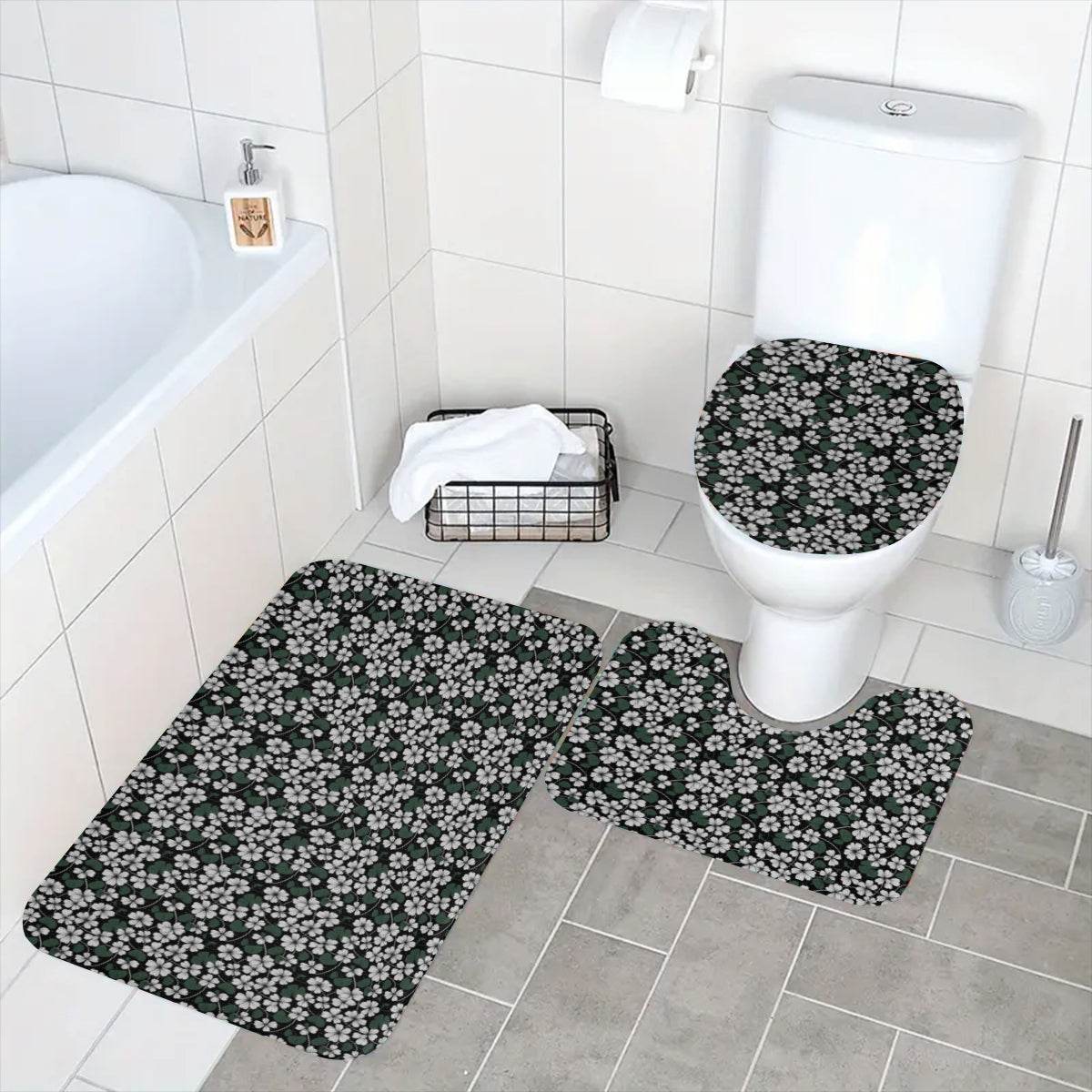 White Clovers Bathroom Four-Piece Set(Shower Curtain + Toilet Cover Mat + Toilet Foot Mat + Floor Mat)| Polyester - DeRose Seasonal