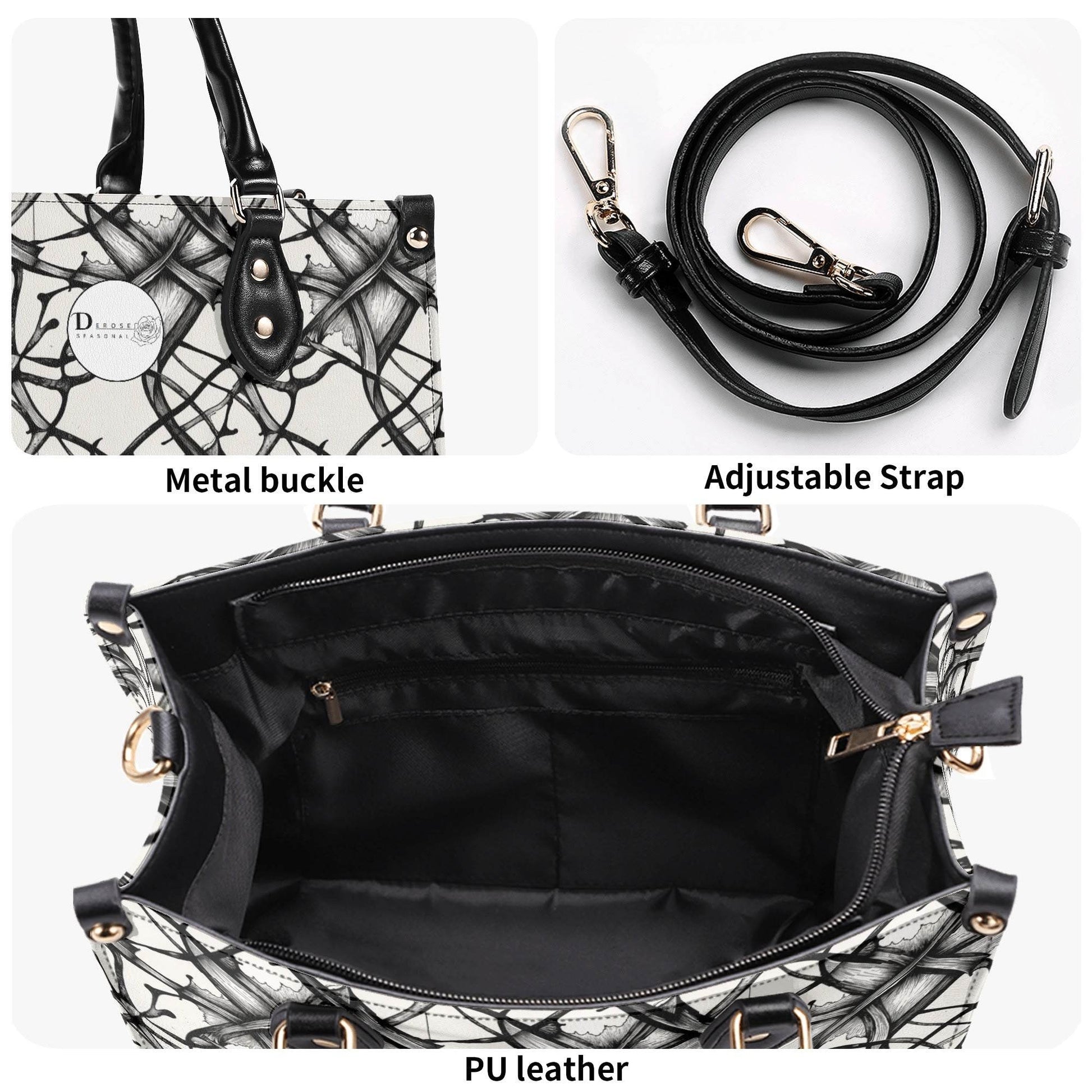 Ink Floral Luxury Women's Leather Handbag (3 sizes) - DeRose Seasonal