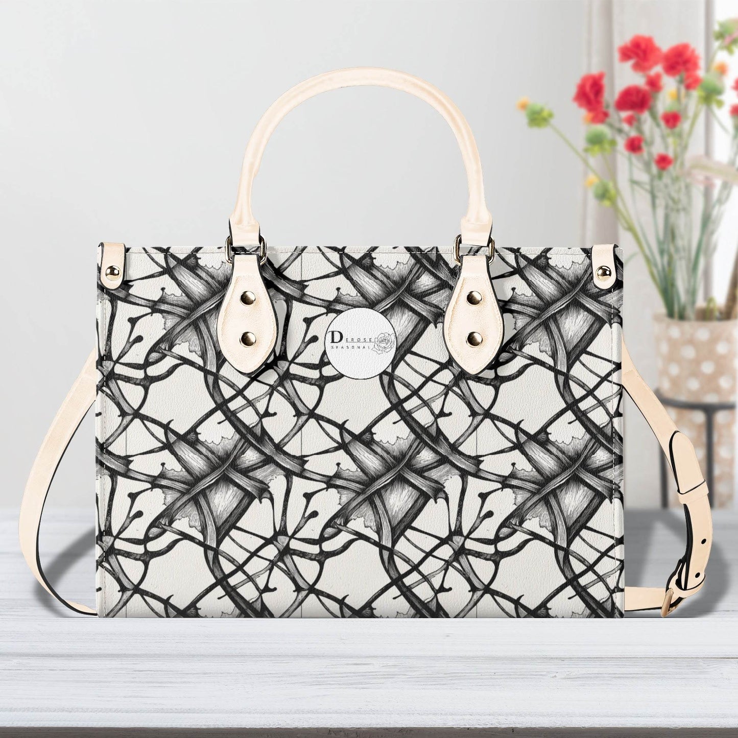 Ink Floral Luxury Women's Leather Handbag (3 sizes) - DeRose Seasonal